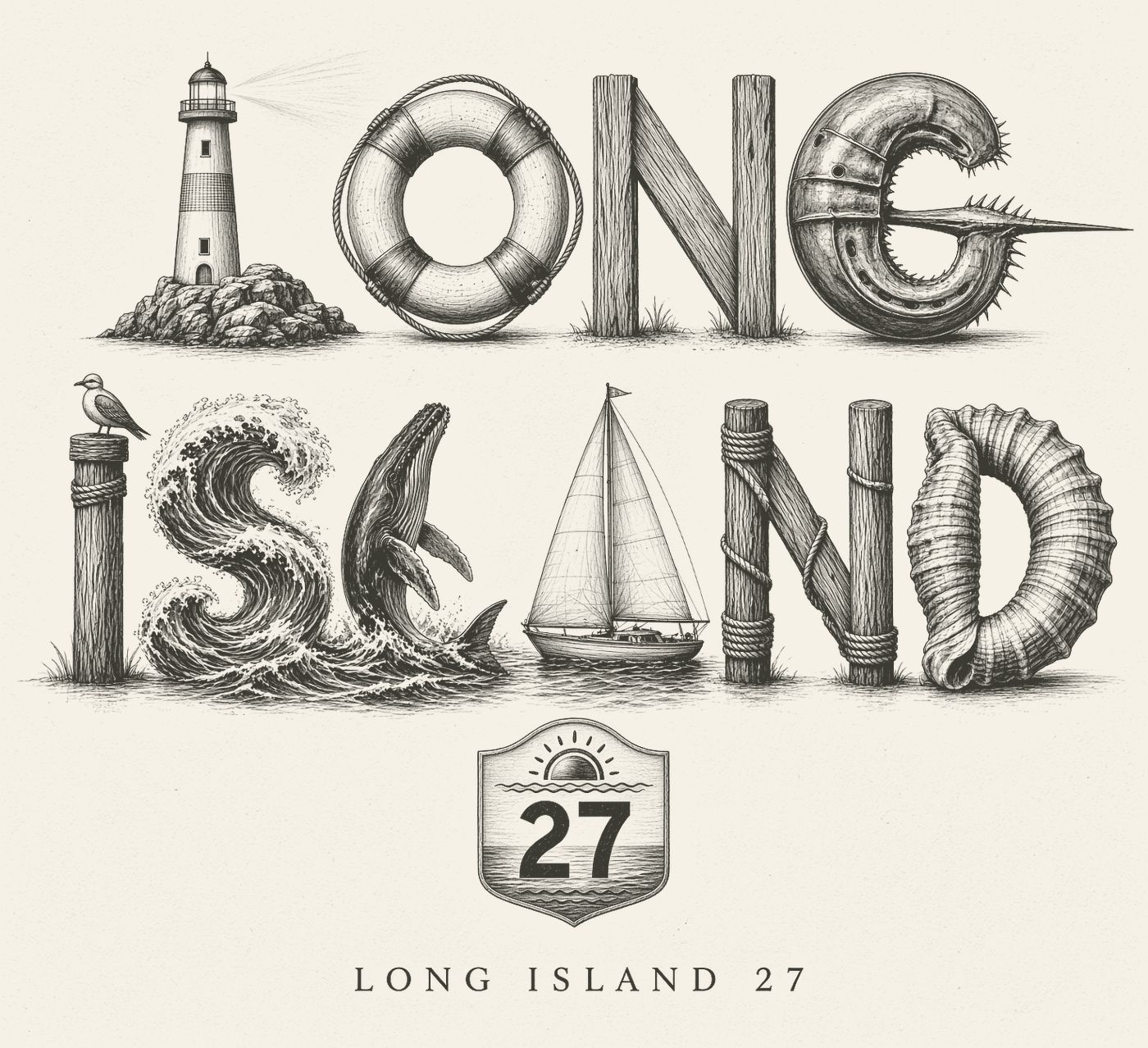 Pencil drawing of the words LONG ISLAND, each letter built from a shoreline object: a lighthouse, a life ring, a dune fence, a horseshoe crab, a gull on a piling, a breaking wave, a whale, a sailboat, dock pilings and a shell, above a Route 27 shield with a rising sun.